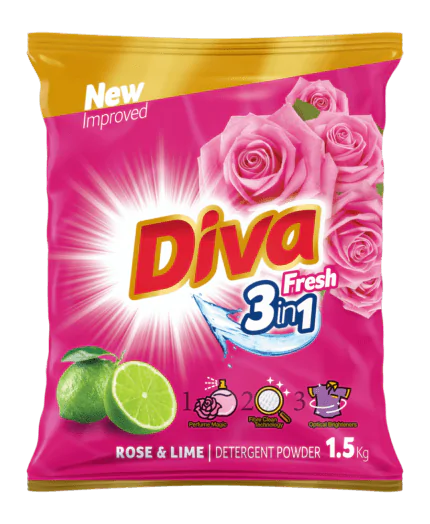 Diva Detergent powder (Rose & Lime) 1.5kg Experience powerful cleaning with Diva Detergent Powder in Rose & Lime fragrance. This 1.5kg pack is formulated to remove tough stains and odors, leaving clothes fresh, soft, and vibrant after every wash. The invigorating scent of rose and lime adds a pleasant aroma, ensuring your laundry smells delightful. Ideal for both hand and machine wash, Diva Detergent Powder provides effective cleaning for a bright, long-lasting freshness in every load.