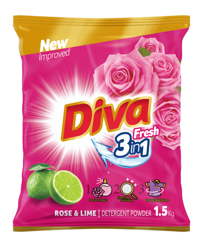 Diva Detergent powder (Rose & Lime) 1.5kg Experience powerful cleaning with Diva Detergent Powder in Rose & Lime fragrance. This 1.5kg pack is formulated to remove tough stains and odors, leaving clothes fresh, soft, and vibrant after every wash. The invigorating scent of rose and lime adds a pleasant aroma, ensuring your laundry smells delightful. Ideal for both hand and machine wash, Diva Detergent Powder provides effective cleaning for a bright, long-lasting freshness in every load.