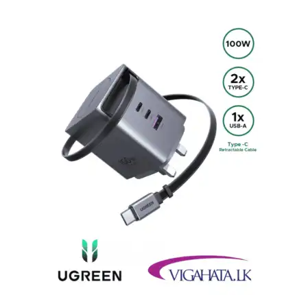 UGREEN 100W Nexode Pro GaN USB-A Type-C Fast Charger with Retractable Cable
